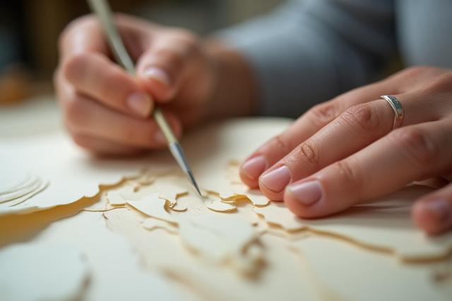 Photo d'un artisan de Pic Papier travaillant les détails d'une sculpture en papier avec des outils fins.